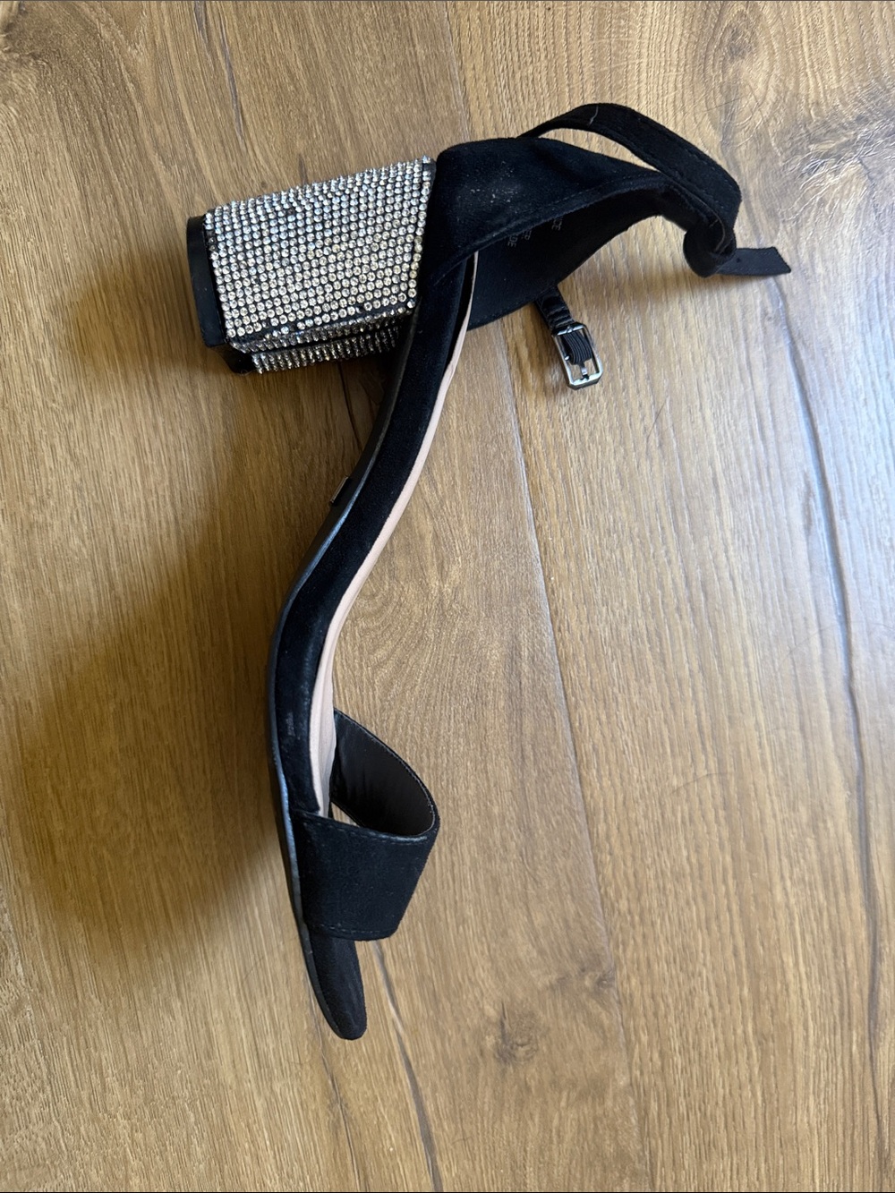 Black Suede Rhinestone Block Heel Sandal - Women's